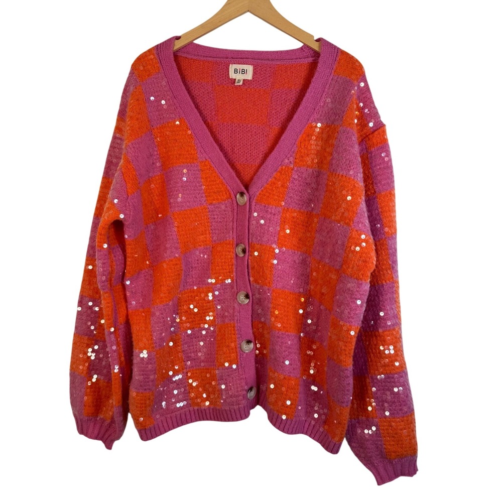 BiBi Checkerboard Sequin Button Up Cardigan Sweater XL V-Neck Chunky Knit